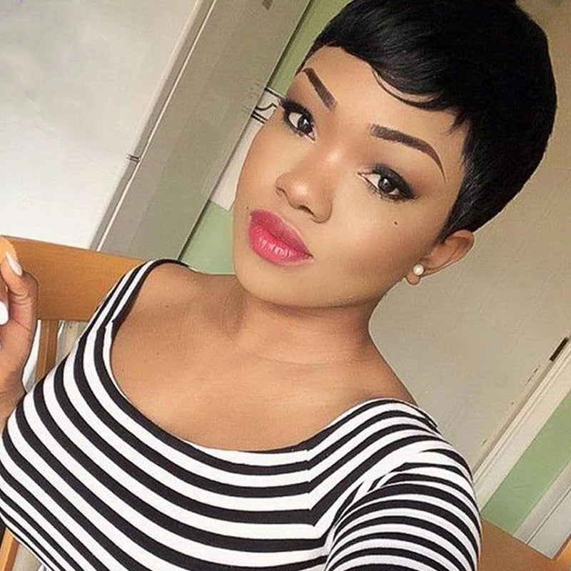 Short Pixie Cut Ready-to-Wear Human Hair Wig - Full Machine-Made Glueless Straight Wig - 100% Remy Human Hair Black, Brown & Red Color Wig for Women (Dyeable All Colors) Luxegan
