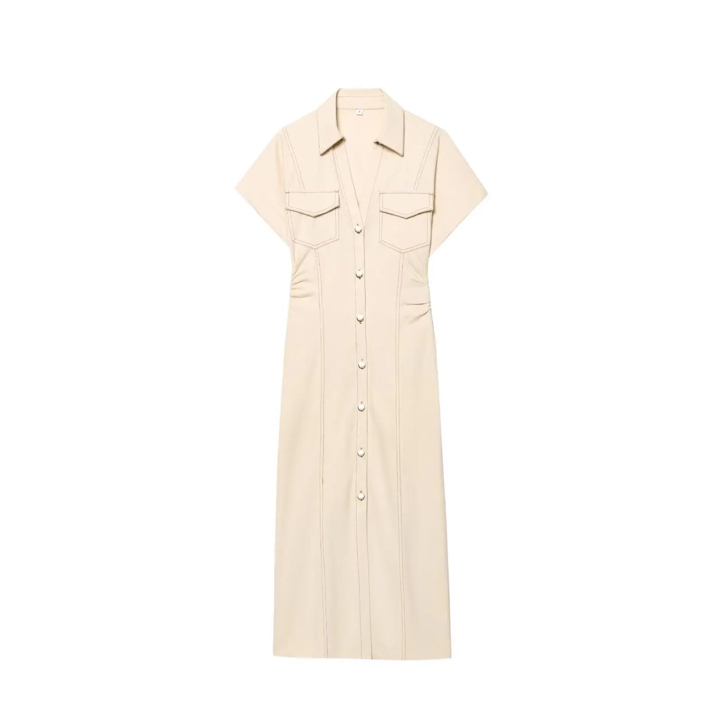 Liquid-Denim Pleated Midi Gown | Kinetic Single-Breasted Utilitarian Summer Dress | High-Street Turn-Down V-Neck Half-Sleeve Masterpiece | Ankle-Length H-Profile Straight Luxegan