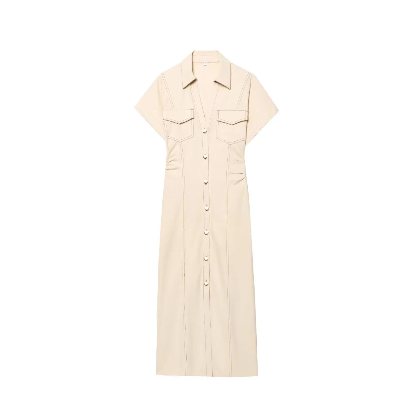 Liquid-Denim Pleated Midi Gown | Kinetic Single-Breasted Utilitarian Summer Dress | High-Street Turn-Down V-Neck Half-Sleeve Masterpiece | Ankle-Length H-Profile Straight Luxegan