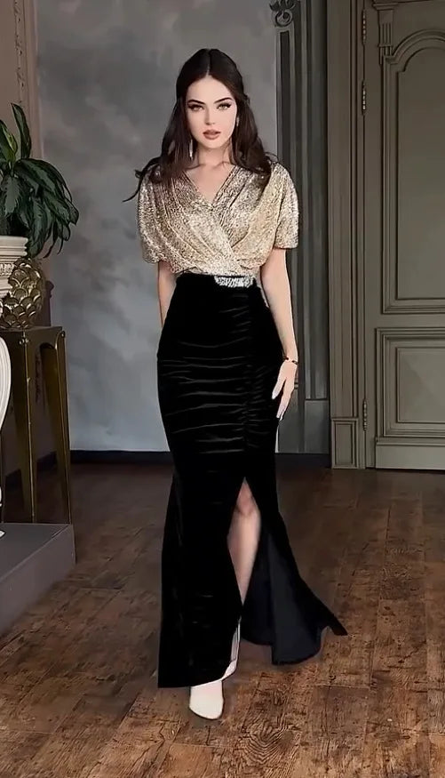 Women's Sequin V-Neck A-Line Formal Dress with Split Luxegan