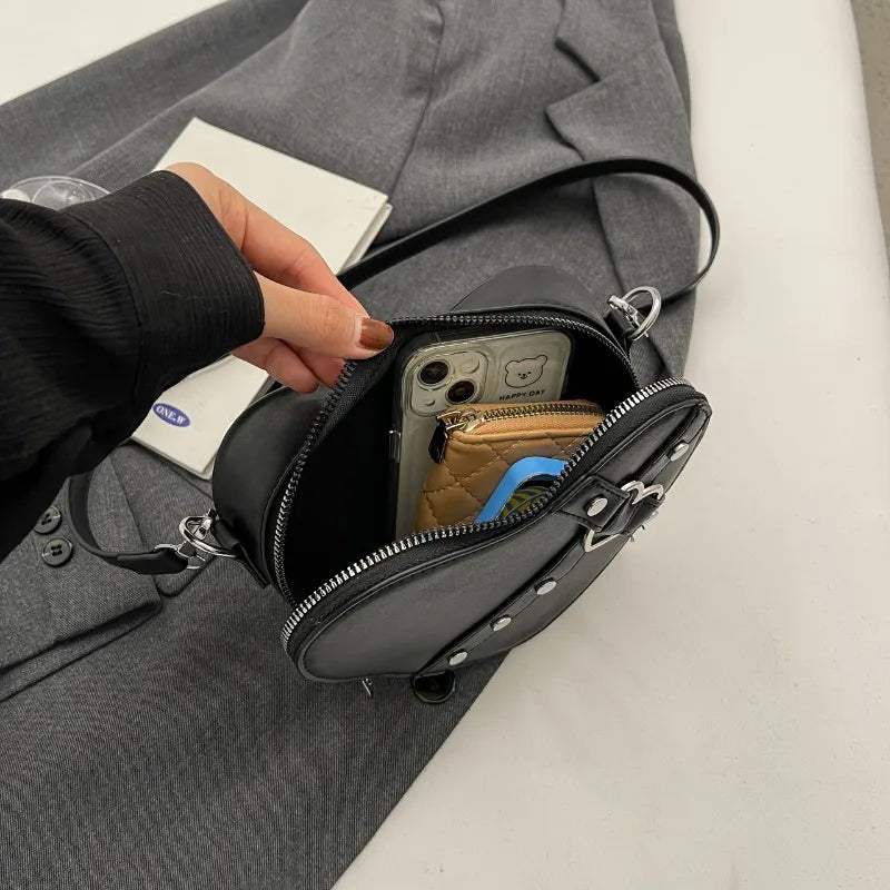 Love Heart Solid Color Zipper Crossbody Bag | Punk Rivet Style PU Leather Wallet Handbag for Women Luxegan