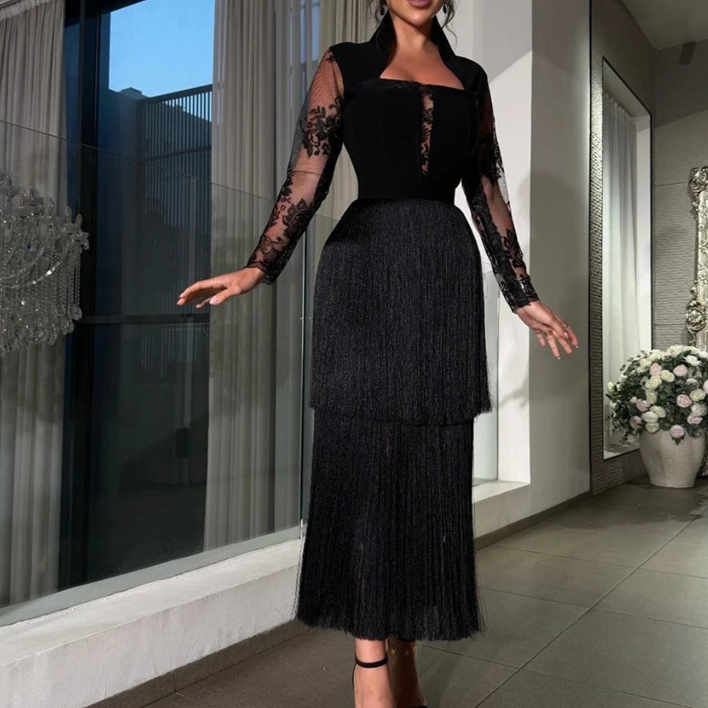  Lace Tassel Straight Evening Dress | High-Neck Full Sleeve Tea-Length Prom Gown Luxegan