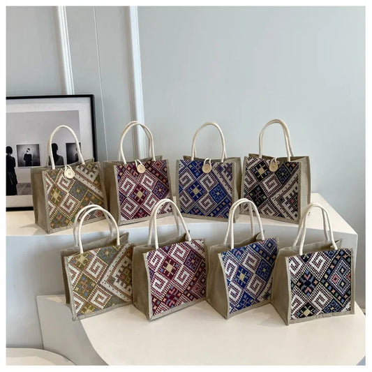 Large Ethnic Style Canvas Lunch Bag | Women’s Summer Bento Organizer | Insulated Mommy Commuter Purse & Retro Linen Tote Luxegan