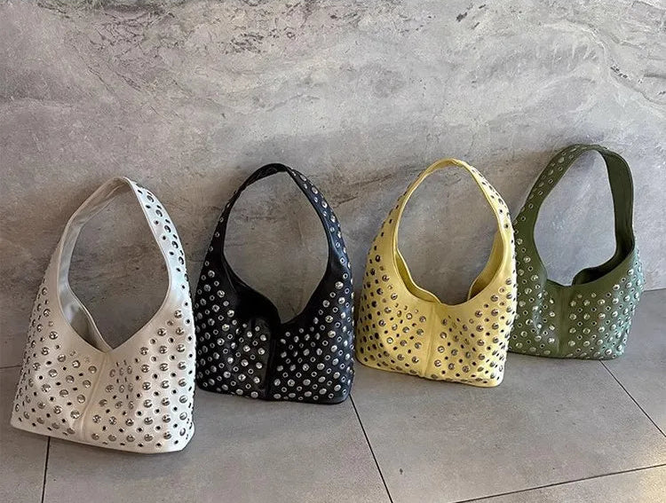 Women's Cool Punk Rivet Satchel Tote Bag | Large Capacity Soft PU Leather Handbag | High-Quality Textured Underarm Shoulder Bag | Spring & Summer Fashion Hobo Purse Model GHJK34 Luxegan