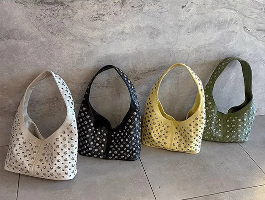 Women's Cool Punk Rivet Satchel Tote Bag | Large Capacity Soft PU Leather Handbag | High-Quality Textured Underarm Shoulder Bag | Spring & Summer Fashion Hobo Purse Model GHJK34 Luxegan