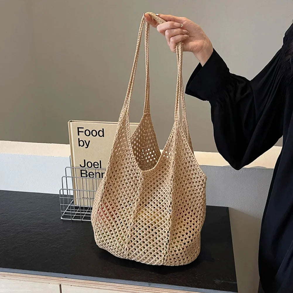 Fashionable Women’s Open-Weave Shoulder Bag | Large Capacity Knitted Underarm Bag | Minimalist Crochet Handbag | Summer Mesh Beach Bag for Vacation & Leisure Luxegan