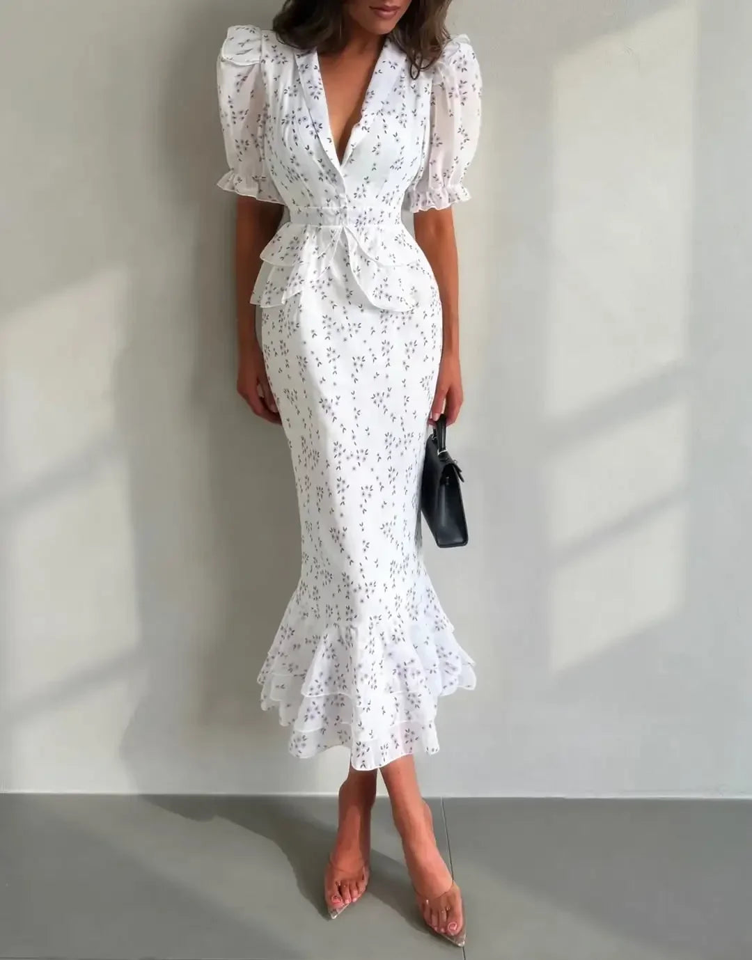 Print Lapel V-Neck Short Sleeve Fit-and-Flare Pleated Mid-Calf Dress – Natural Waist, Slight Stretch, Spring/Summer Luxegan