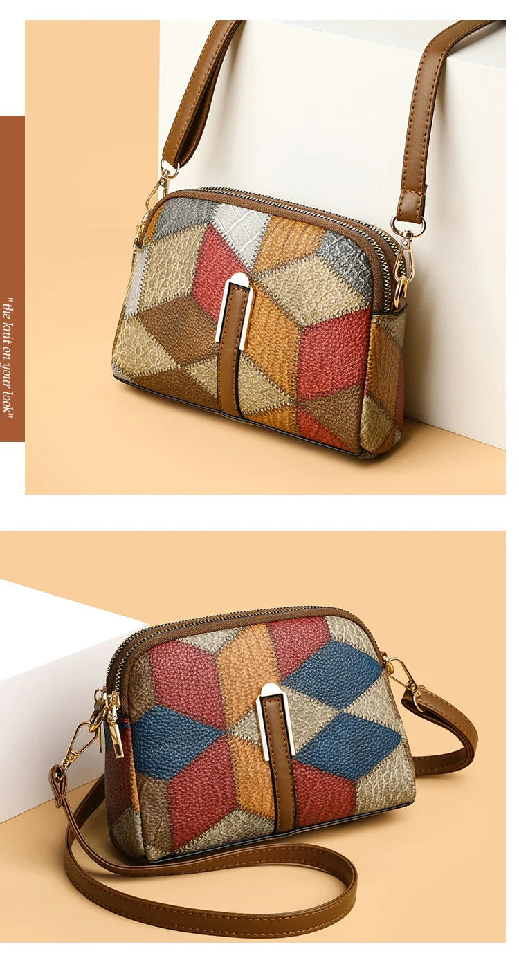 Color Block Square Crossbody Bag | Casual PU Leather Double Zipper Purse Luxegan