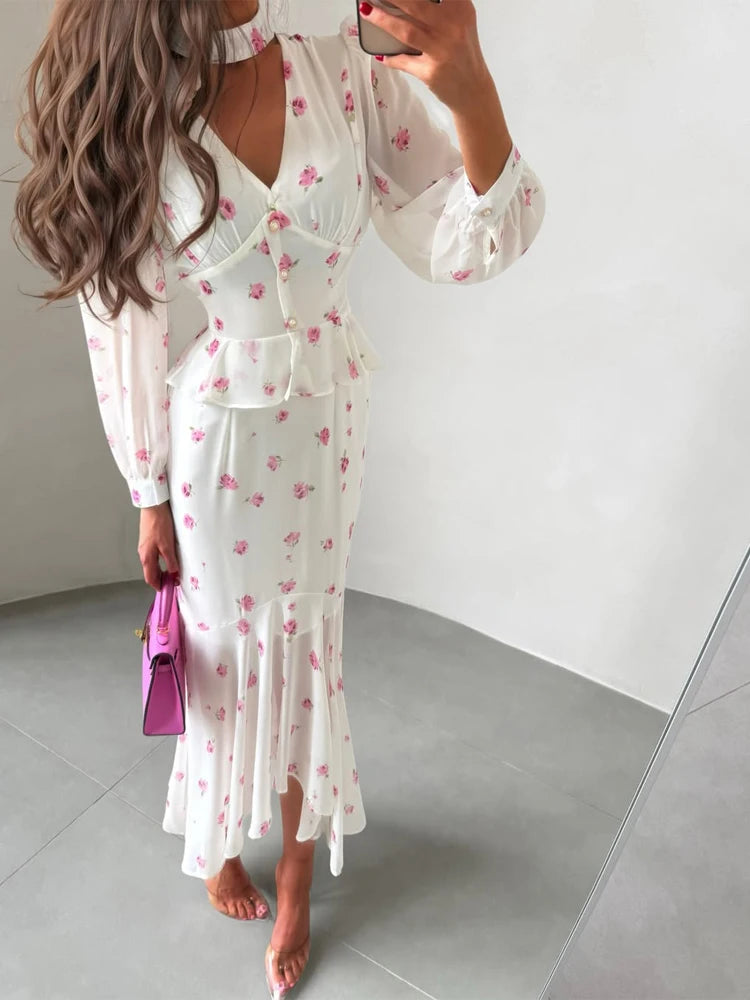 Print Lapel V-Neck Short Sleeve Fit-and-Flare Pleated Mid-Calf Dress – Natural Waist, Slight Stretch, Spring/Summer Luxegan