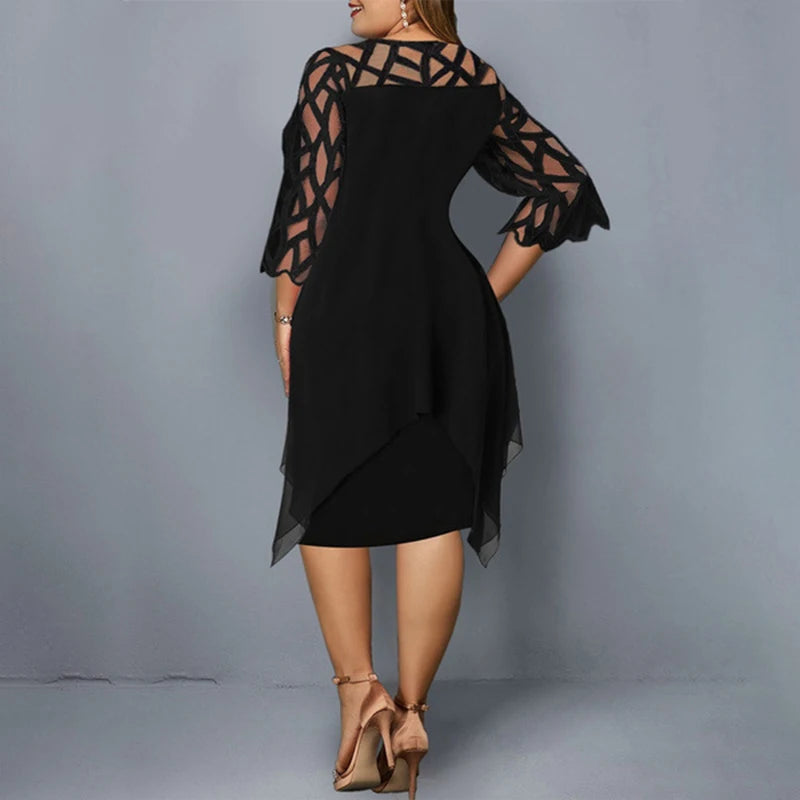 Solid Round Neck Three-Quarter Sleeve Hollow Out Regular Fit Straight Knee-Length Chiffon Dress – Spring/Summer Luxegan