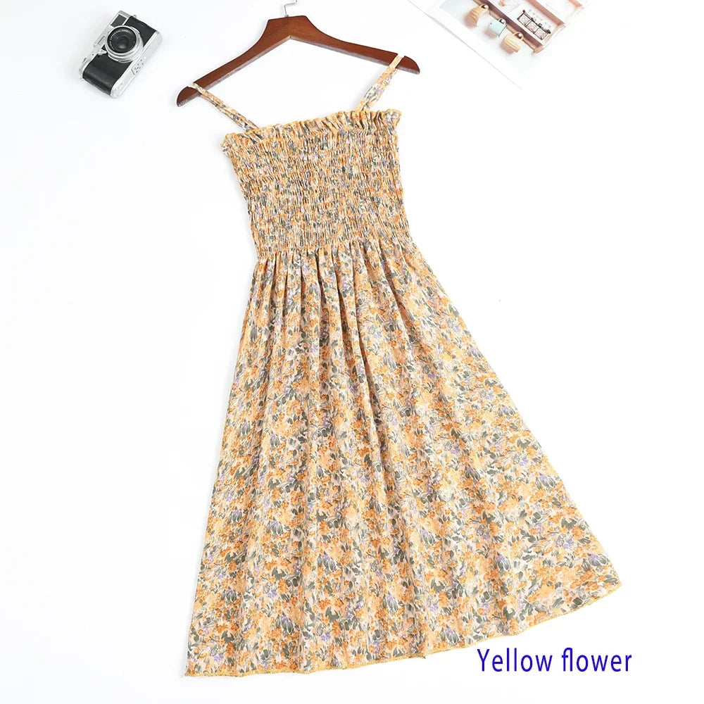 Floral Chiffon Spaghetti Strap Mini Dress | Ruffled Slash-Neck Elastic Waist Sundress | Tiered Spring/Summer Slim Fit A-Line Dress Luxegan