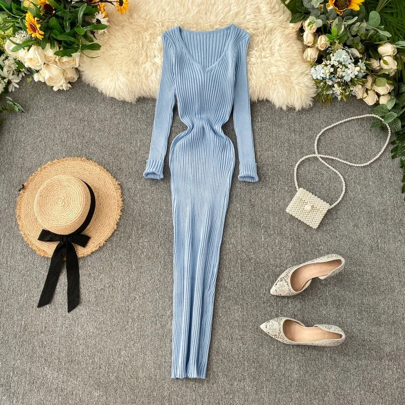 New Autumn V-Neck Knitted Dress | Sophisticated Slim Elastic Bodycon Sweater Gown | Elegant "Full Sleeve" Silhouette | "Dignified" High-Stretch Warm Long Dress for Radiant Versatile Autumn & Winter Styling Luxegan