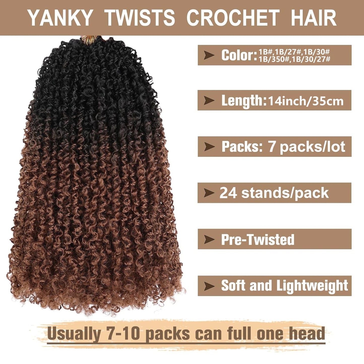Pre-Looped Yanky Twist Crochet Braids Hair – Synthetic | 24 Strands/Pack | 6 Ombre Colors | 8–14 Inch