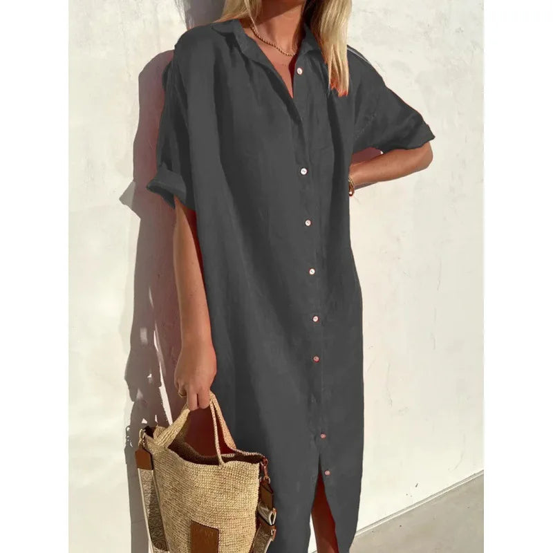 Women's Solid Short-Sleeve Summer Shirt Dress | Single-Breasted Button-Down Cardigan Maxi | Loose-Fit A-Line Mid-Calf Casual Vacation Skirt Luxegan
