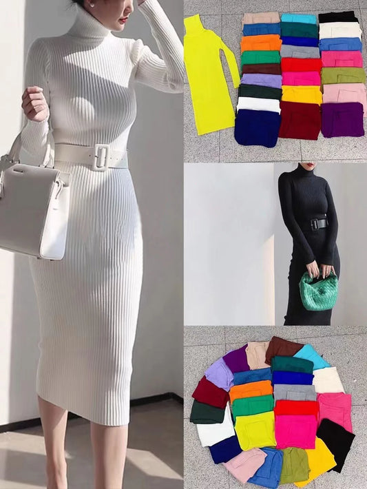 Turtleneck Knit Bodycon Midi Dress with Belt | Long Sleeve Pencil Sweater Dress Luxegan