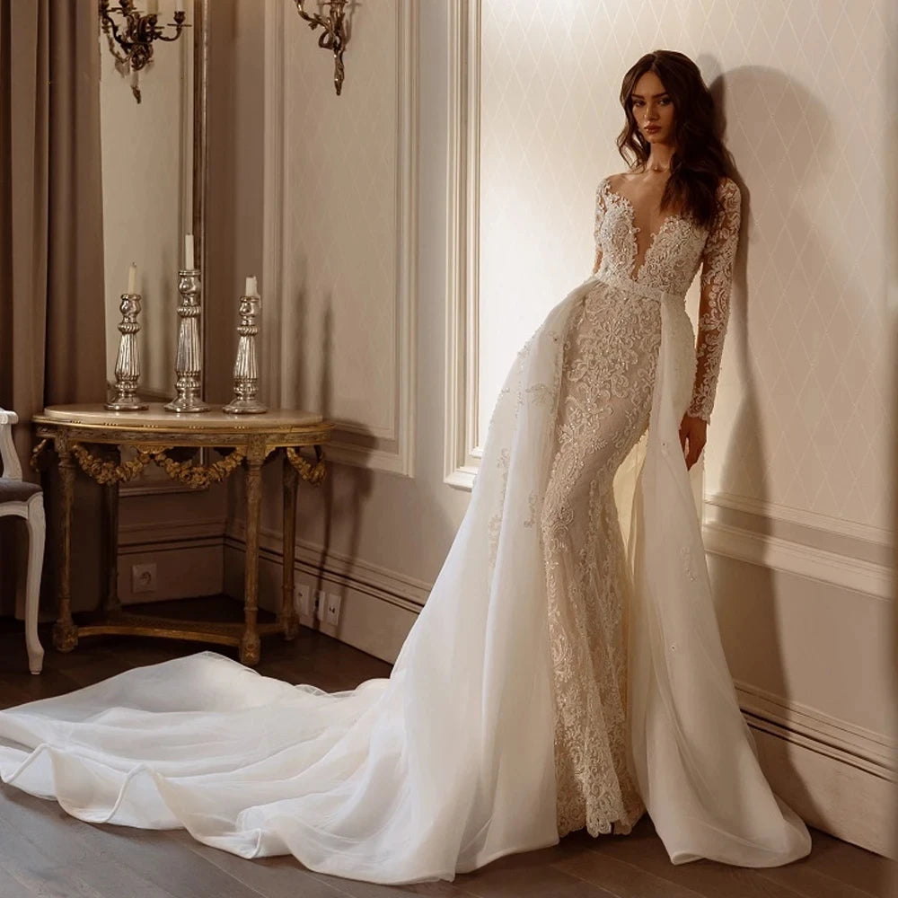 Exquisite Sweetheart Mermaid Wedding Dress | Luxurious Long Sleeve Lace Applique Bridal Gown | Sexy Backless Embroidered Vestidos De Novia | Custom Floor-Length Bridal Gown with Sweep Train Luxegan