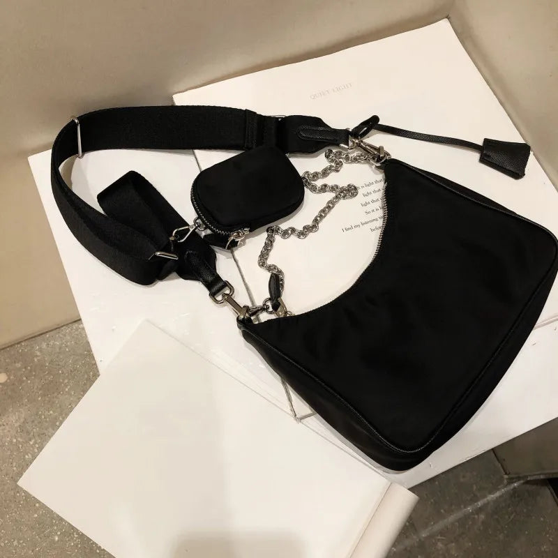 Casual Nylon Waterproof Shoulder Hobo Bag | Fashion Cool Black Chain Handbag Luxegan