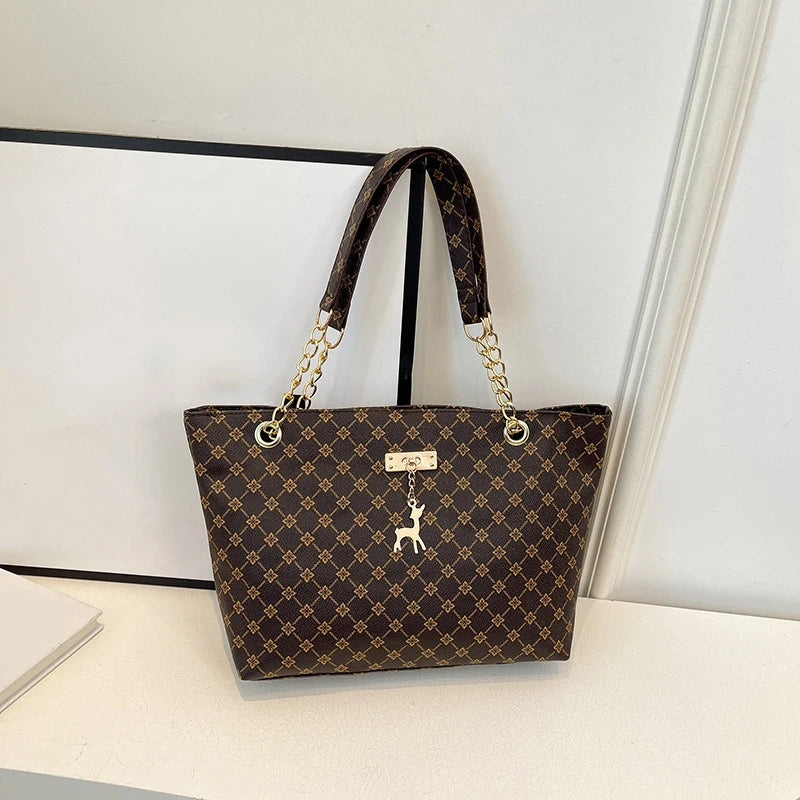 Leather Plaid Large Capacity Tote | Autumn/Winter Shoulder Bag Luxegan