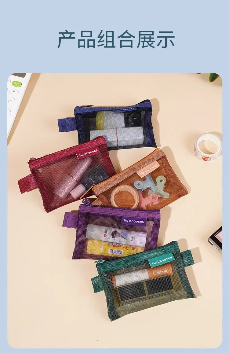 Pequeño Bolso Cuadrado de Color Sólido para Monedas, Organizador de Nylon de Malla para Pintalabios, Llaves, Auriculares, Tarjetero de Bus, Banco, Identificación, Tarjetas de Crédito, Estuche de Almacenamiento