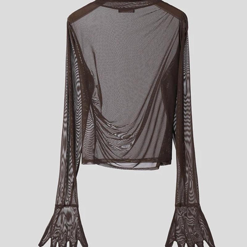 Men’s Sexy Mock Neck Mesh T-Shirt | Sophisticated "Transparent" Long Sleeve Silhouette | Elegant "See-Through" Net Yarn Nightclub Top | "Dignified" High-Performance Party Shirt for Radiant Versatile Styling Luxegan