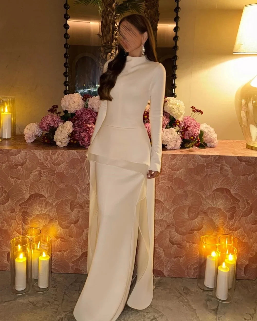 Exquisite Matching Jersey Pleated Evening Gown | High-Collar Ruched Sequined Graduation Dress | Full-Sleeve Floor-Length Straight Sheath Luxegan
