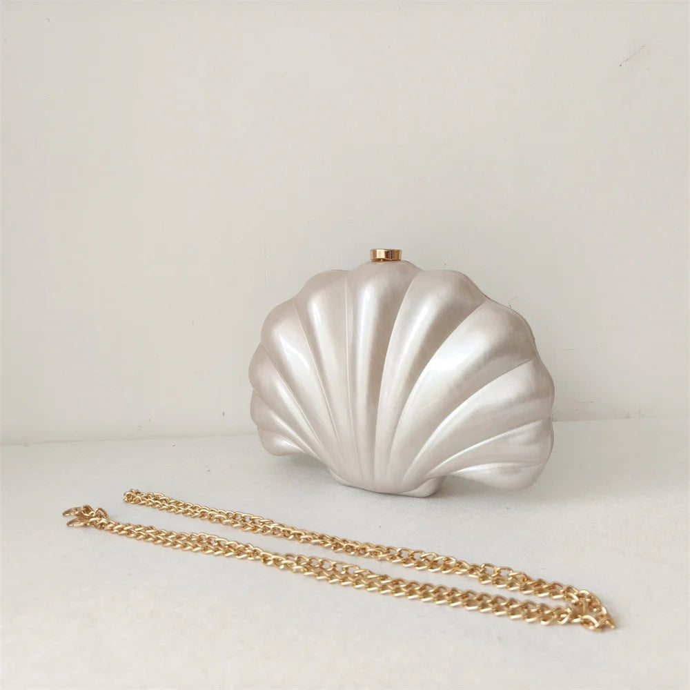 Hard Acrylic Shell Box Clutch | Luxury Stones & Chain Wedding Bridal Handbag Luxegan