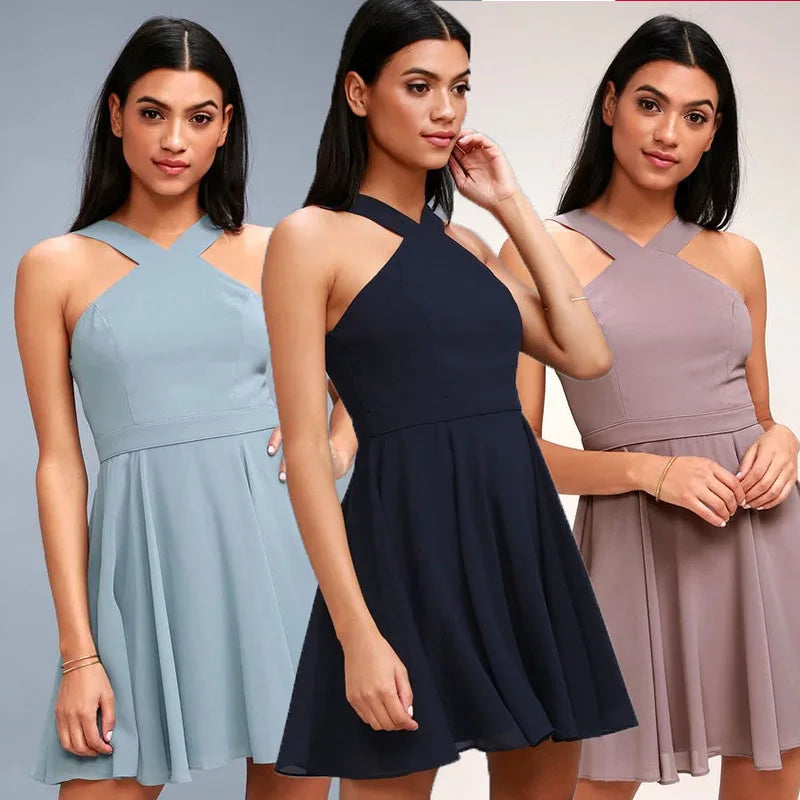 Solid Halter Sleeveless Hollow-Out Loose Fit A-Line Mini Dress – Non-Stretch Chiffon, Empire Waist, Summer Luxegan