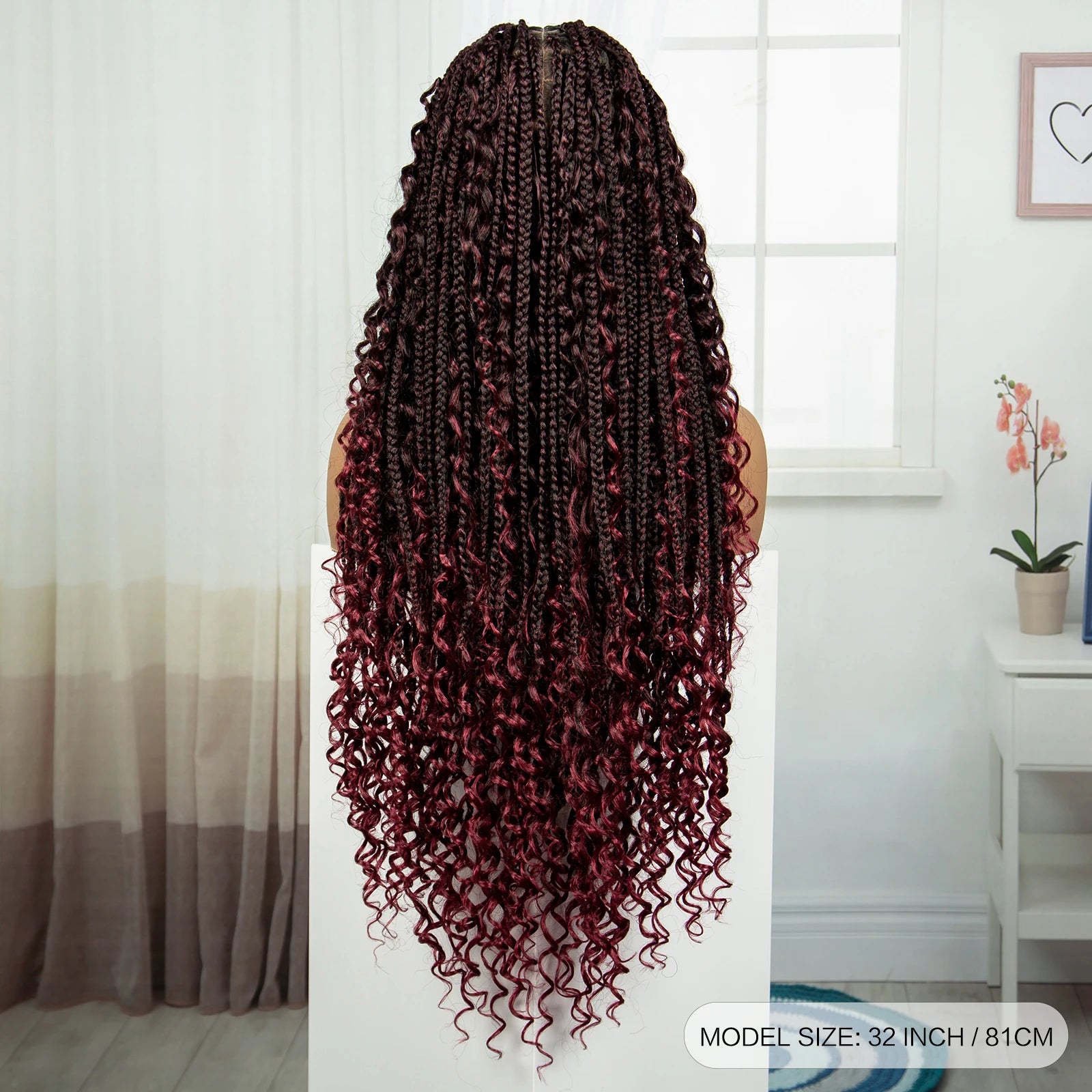 Burgundy Knotless Box Braids Wig with Curly Ends | Full Lace Handmade Luxegan