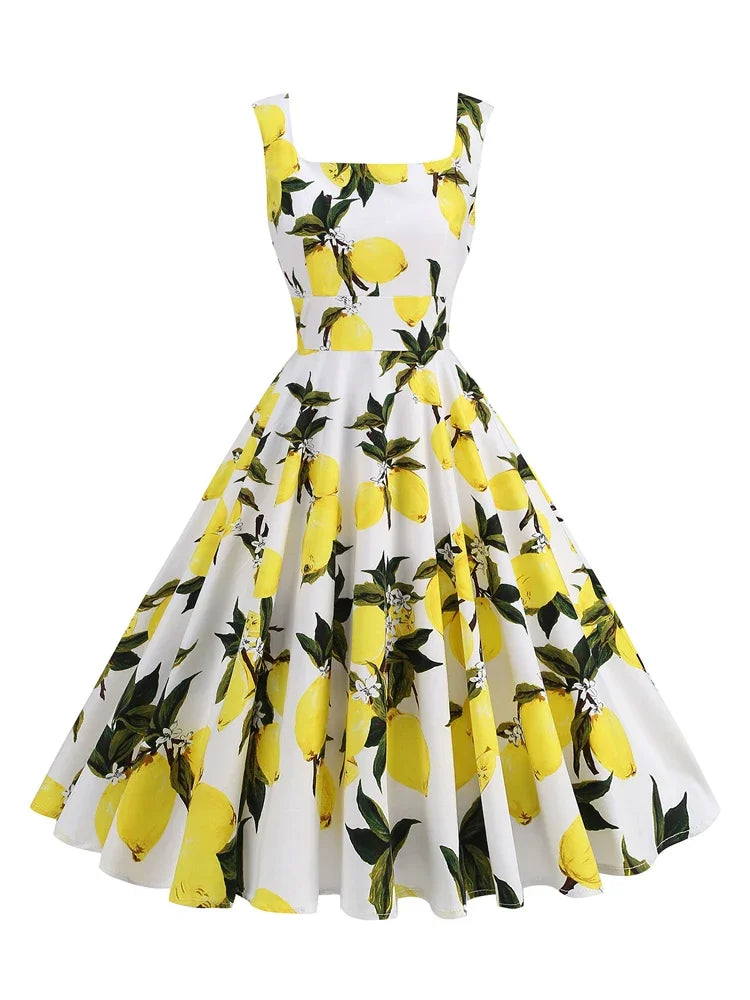 Print Vintage Square Neck Sleeveless Regular Fit A-Line Knee-Length Dress – Non-Stretch Cotton-Elastane Blend, Empire Waist, Summer Luxegan