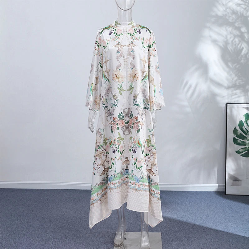 Print Round Neck Flared Half Sleeve Slim Fit Voluminous Skirt Ankle-Length Dress – Natural Waist, Summer Luxegan