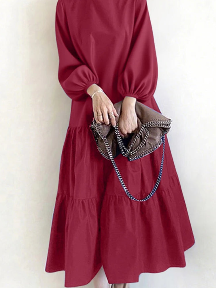 Solid O-Neck Lantern Sleeve Regular Fit A-Line Midi Dress – Natural Waist, Jersey, Autumn Luxegan