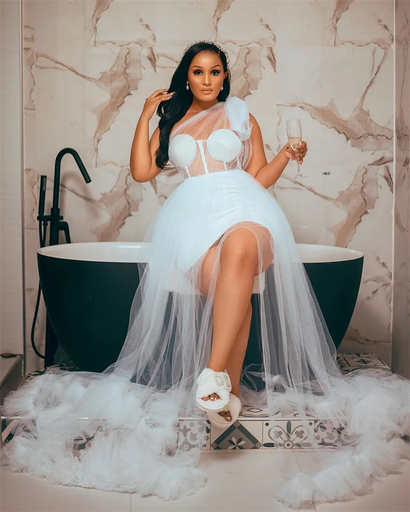 Sexy Light Blue Prom Dress for Photo Shoots | Glamorous One-Shoulder See-Through Tulle Party Gown | Elegant Full-Sleeve Floor-Length Robe De Soirée | Custom Made Simple Cotton Jersey Gala Gown Luxegan