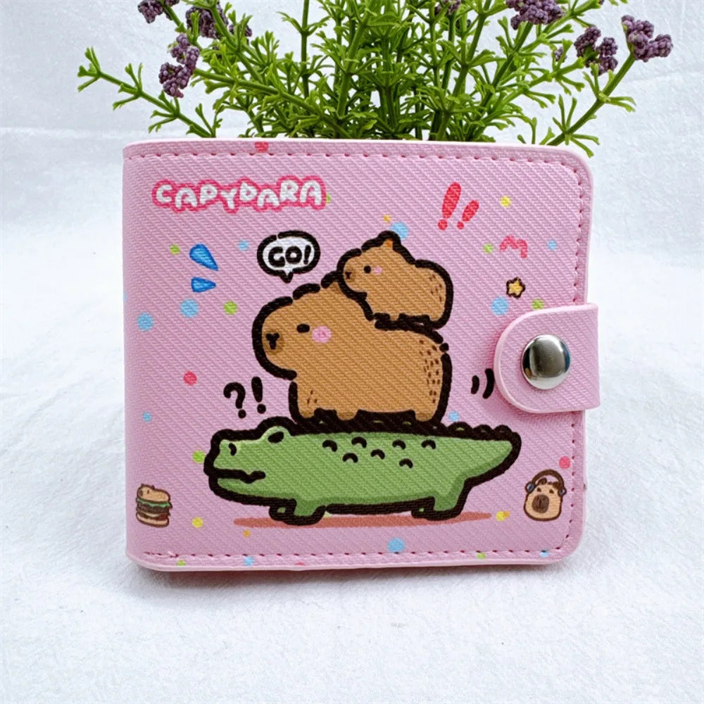 Cartoon Capybara Mini Foldable Wallet | Sophisticated Short Money Bag & Cute Coin Purse | Elegant PU Leather Card Holder | Luxury "Dignified" Square Small Purse with Secure Button Closure Luxegan