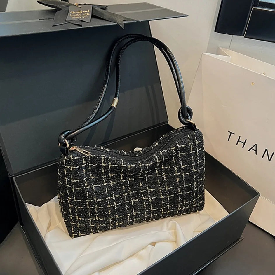 Hobos Luxury Designer Soft Woolen Plaid Underarm Bag | Korean Style New Crossbody Purse with Appliques for Party Luxegan