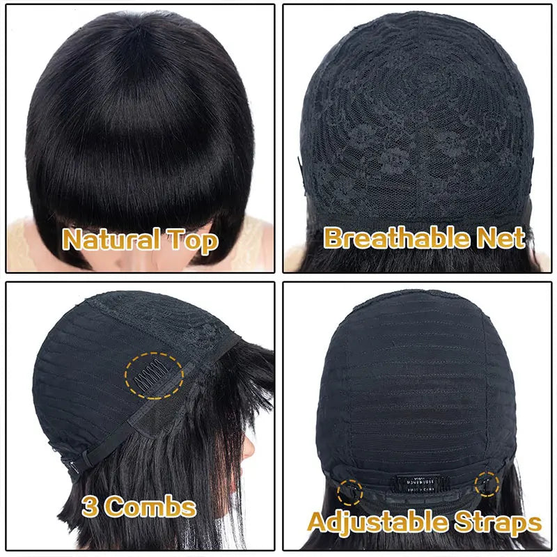 Sleek Straight Short Bob Human Hair Wig with Bangs | 180% Density Fully Machine-Made Glueless Brazilian Remy Human Hair Wig | Classic Fringe Bob for Women (8-16 Inch, Natural Color / #99J Burgundy / #30 Honey Blonde) Luxegan