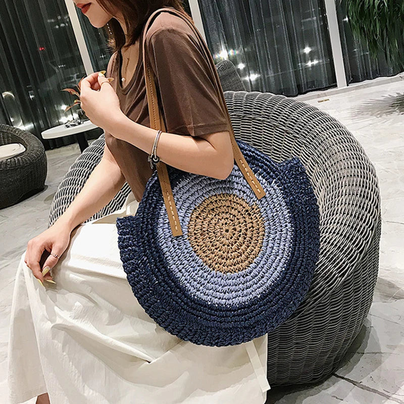 Large Capacity Round Women's Fashionable Straw Woven Shoulder Bag | Handmade Summer Beach Travel Holiday Women Tote Bags Luxegan