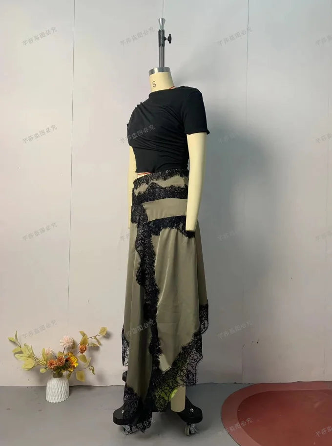 Women's Hollow Waist Lace Splicing Casual Dress | Spring Summer Solid Color Mid-Calf Dress | Elegant Round Neck Short Sleeve Sundress | Premium Non-Woven Slight Stretch A-Line Regular Fit Luxegan