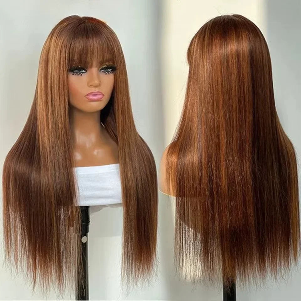 Highlight P4/30/27 Brazilian Straight Human Hair Wig with Bangs – 100% Remy | Full Machine Made - view 2