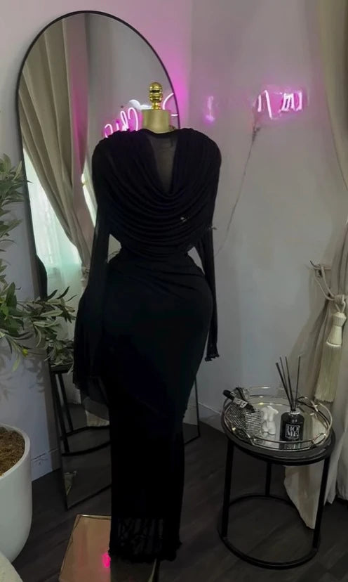 Ruched Mesh Maxi Dress – Long Sleeve, O-Neck, Floor-Length Party Dress Luxegan
