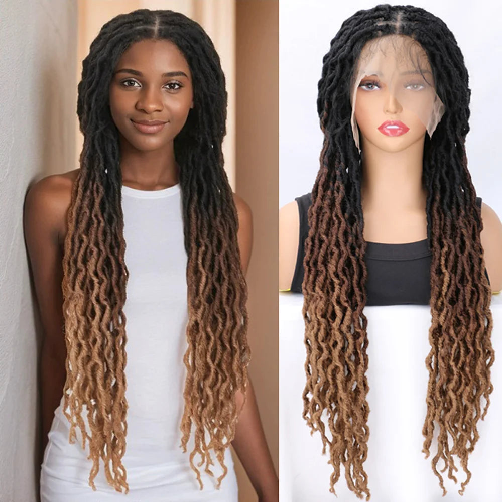 Ombre Faux Locs Braided Wig with Baby Hair & Curly Ends – Square Part Lace Front | 24 Inches Luxegan