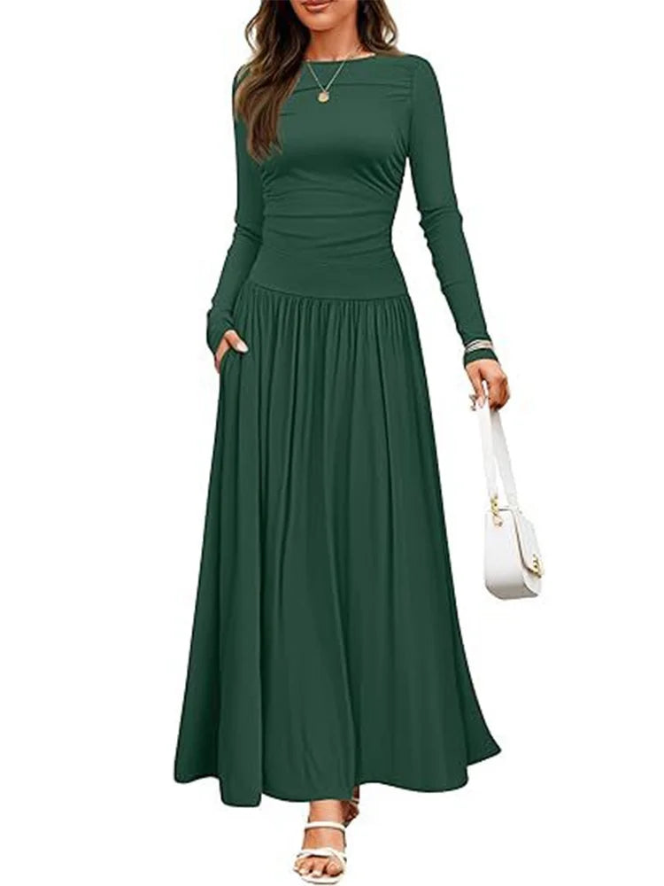 Autumn New Arrivals Long Sleeve Maxi Dress | Comfortable High-Stretch Ruched Detail Long Gown | Elegant O-Neck Solid Color Multi-Color A-Line Dress | Premium Tatting Regular Fit Ankle-Length Everyday Wear Luxegan