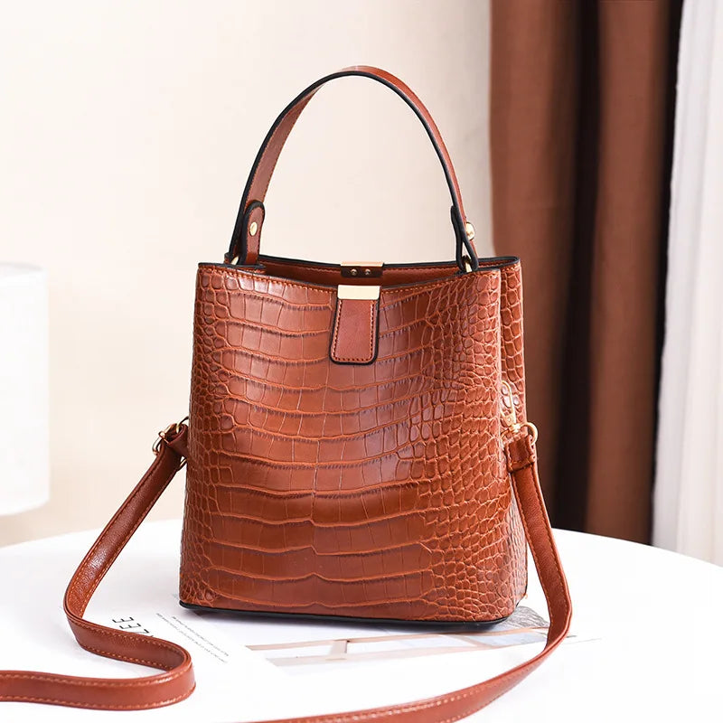 Crocodile Pattern Bucket Shoulder Bag | Large Capacity Handbag & Crossbody Purse Luxegan