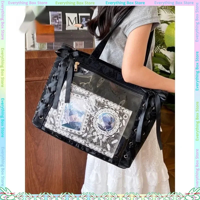 New Versatile Fashion Ribbon Ita Bag | Large Capacity Anime Millet Bag | Sophisticated Green Lace & Bow Shoulder Tote | Fashion-Forward Canvas Daily Outfit Bag with Artisan Charm Luxegan