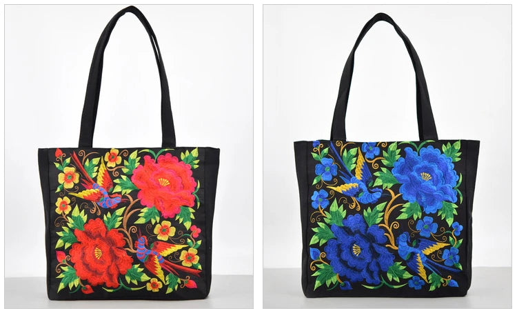 Ethnic Style Flower Embroidery Canvas Tote | Shoulder Bag & Large Capacity Handbag Luxegan