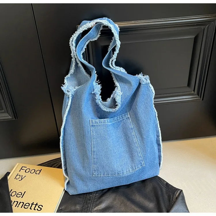 Custom Logo Printing Denim Tote Bag | High-Quality Student Style Leisure Handbag | Unisex Cartoon Pattern Canvas-Lined Crossbody Bag (Model 3138) Luxegan