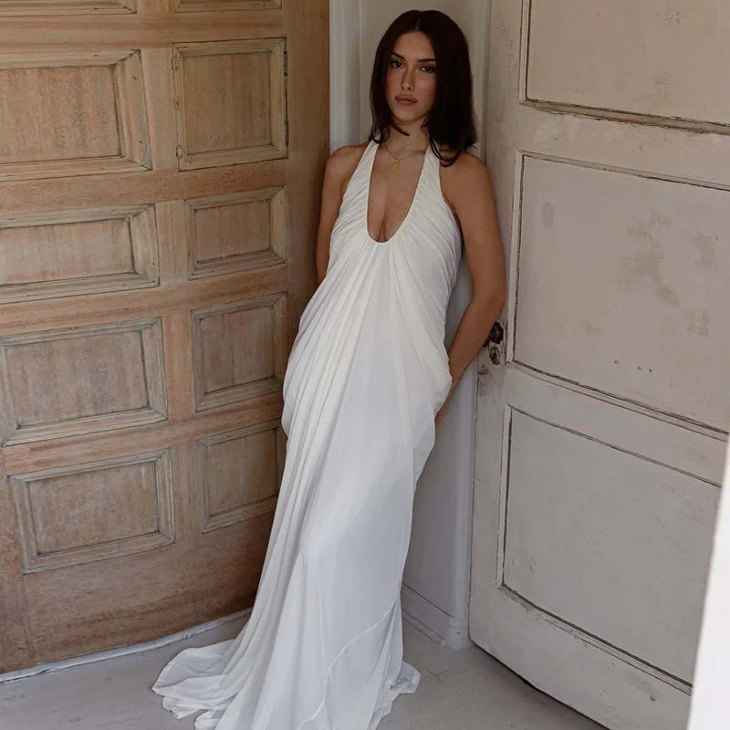 Mozision Mesh Halter Backless Sexy Maxi Dress Women Gown Fashion Elegant V Neck Sleeveless Pleated Club Party Long Dresses
