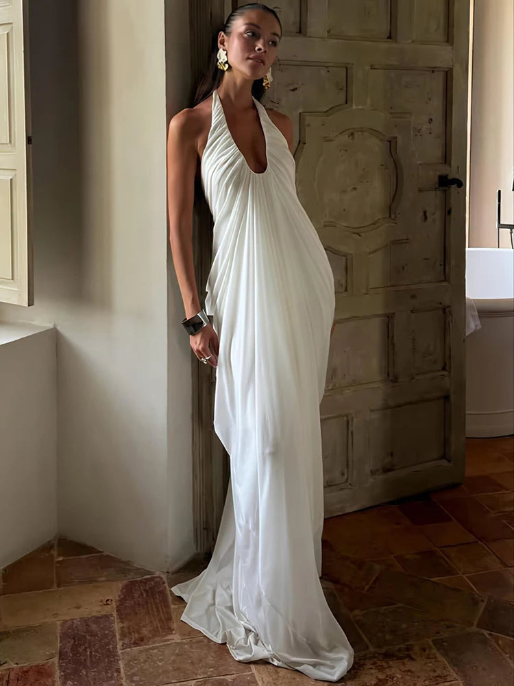 Mozision Mesh Halter Backless Sexy Maxi Dress Women Gown Fashion Elegant V Neck Sleeveless Pleated Club Party Long Dresses