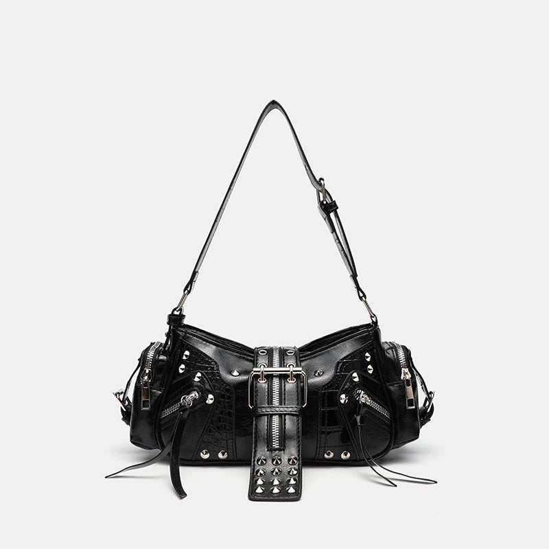 Punk Girl Style Rivet Underarm Bag | Solid Color PU Motorcycle Style Single Shoulder Crossbody Messenger Bag Luxegan