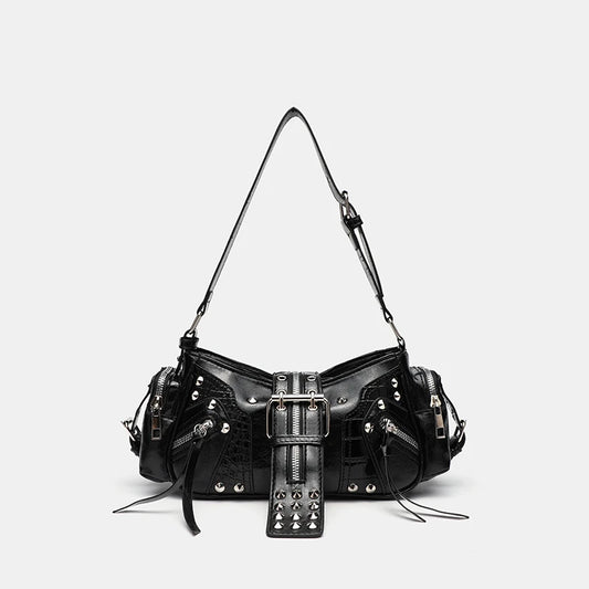 Punk Girl Style Rivet Underarm Bag | Solid Color PU Motorcycle Style Single Shoulder Crossbody Messenger Bag Luxegan