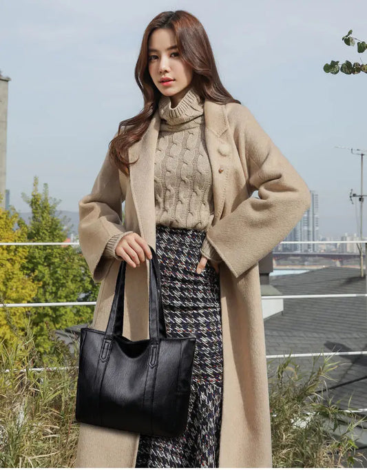 Women’s Vintage PU Leather Large Capacity Tote | Structured Box Shoulder Bag & Crossbody | Minimalist Synthetic Leather Travel Handbag Luxegan